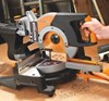 Evolution Rage 3 Chop Saw 45 degree angle of chop saw with a high torque motor accurately cutting wood in a workshop